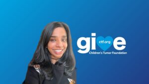 A person smiles against a blue background with the Children's Tumor Foundation logo.