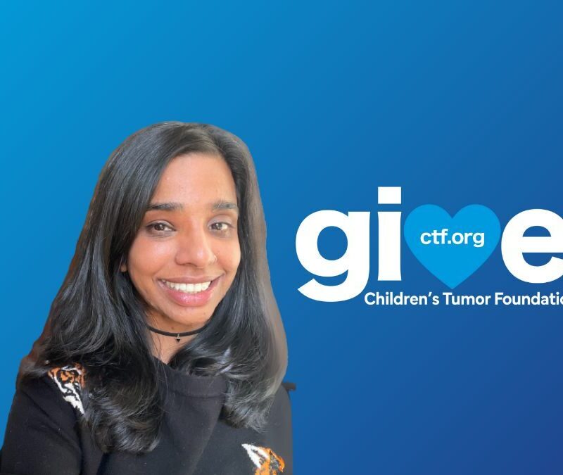 A person smiles against a blue background with the Children's Tumor Foundation logo.