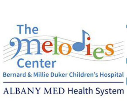 Logo for The Melodies Center at Bernard & Millie Duker Children’s Hospital, part of Albany Med Health System, featuring colorful musical notes.