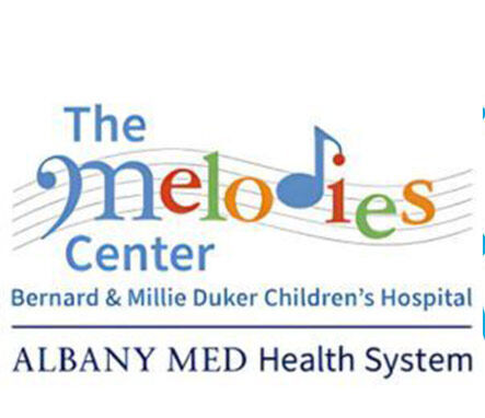 Logo for The Melodies Center at Bernard & Millie Duker Children’s Hospital, part of Albany Med Health System, featuring colorful musical notes.