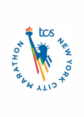 Logo of the New York City Marathon with the Statue of Liberty torch and "TCS" in the design.