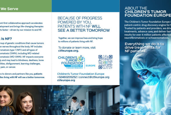 Tri-fold brochure for Children's Tumor Foundation Europe, detailing NF information, mission, and contact details. Features images of smiling people and foundation's logo.