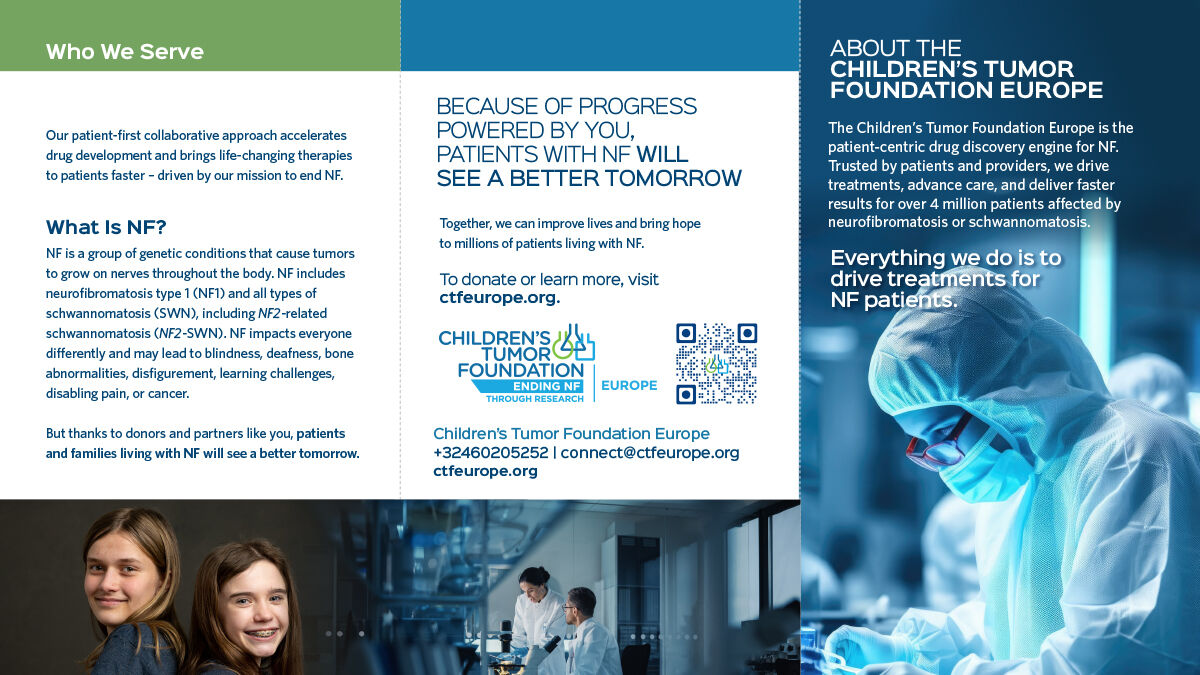 Tri-fold brochure for Children's Tumor Foundation Europe, detailing NF information, mission, and contact details. Features images of smiling people and foundation's logo.