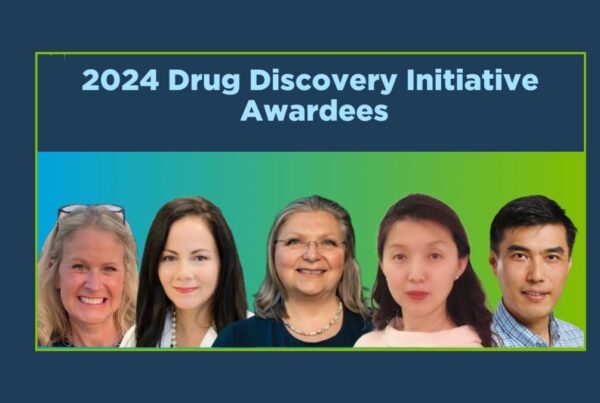 Five people are shown under the title "2024 Drug Discovery Initiative Awardees" on a colorful background.