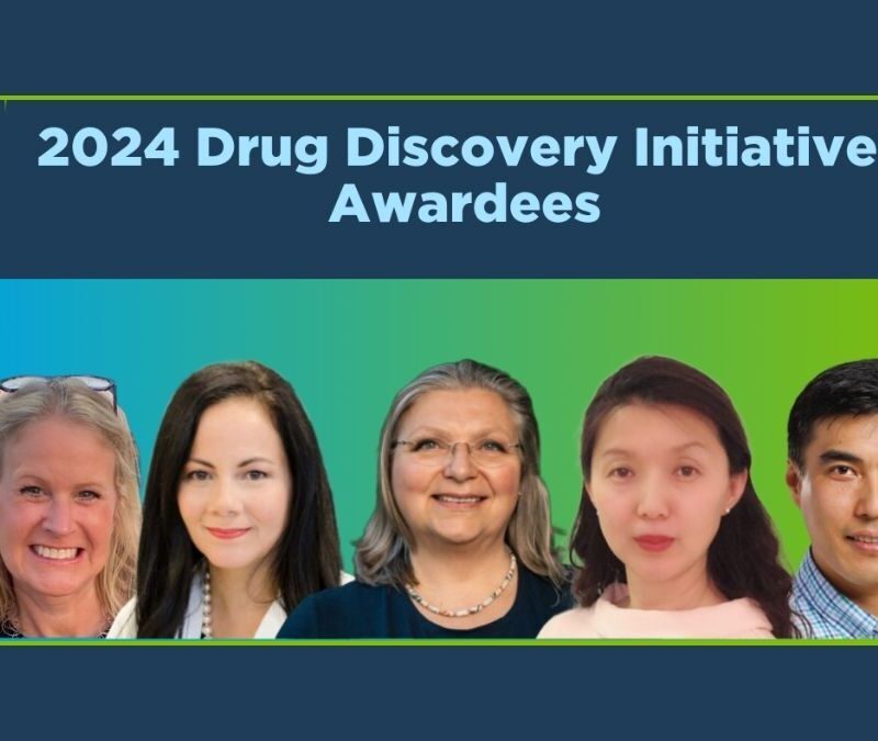 Five people are shown under the title "2024 Drug Discovery Initiative Awardees" on a colorful background.