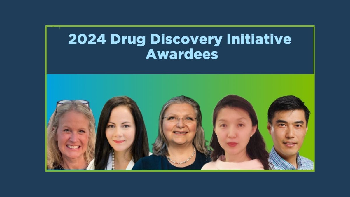 Five people are shown under the title "2024 Drug Discovery Initiative Awardees" on a colorful background.