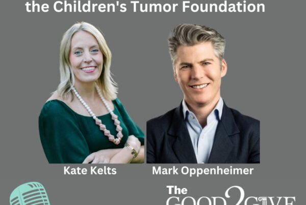 Podcast cover with two speakers, Kate Kelts and Mark Oppenheimer, titled "Understanding and Combating Neurofibromatosis." Logos of Community Foundation and Business RadioX are visible.