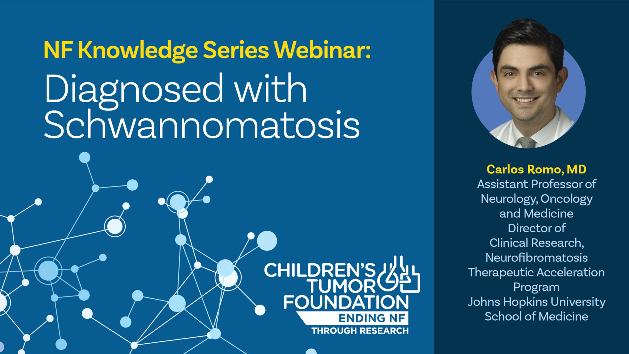 Webinar slide titled "Diagnosed with Schwannomatosis," featuring a network graphic and a profile of Carlos Romo, MD, with his professional details.