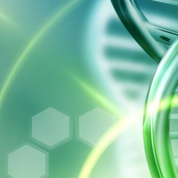 Stylized green DNA double helix on a light green background with hexagonal shapes.