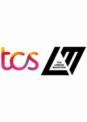 TCS logo in gradient colors next to the TCS London Marathon logo in black.