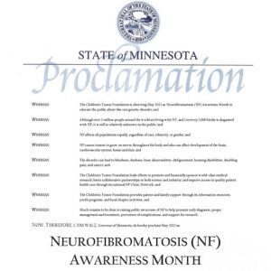 Official proclamation from the State of Minnesota designating May as Neurofibromatosis (NF) Awareness Month, detailing the significance and implications of the condition.