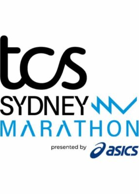 Logo of TCS Sydney Marathon presented by Asics, featuring bold text and a stylized wave design.