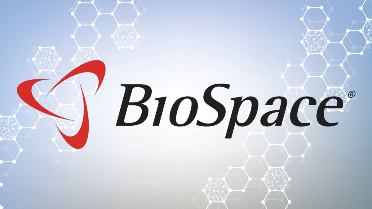 BioSpace logo featuring a red triangular symbol and black text, set against a light background with abstract hexagonal patterns.