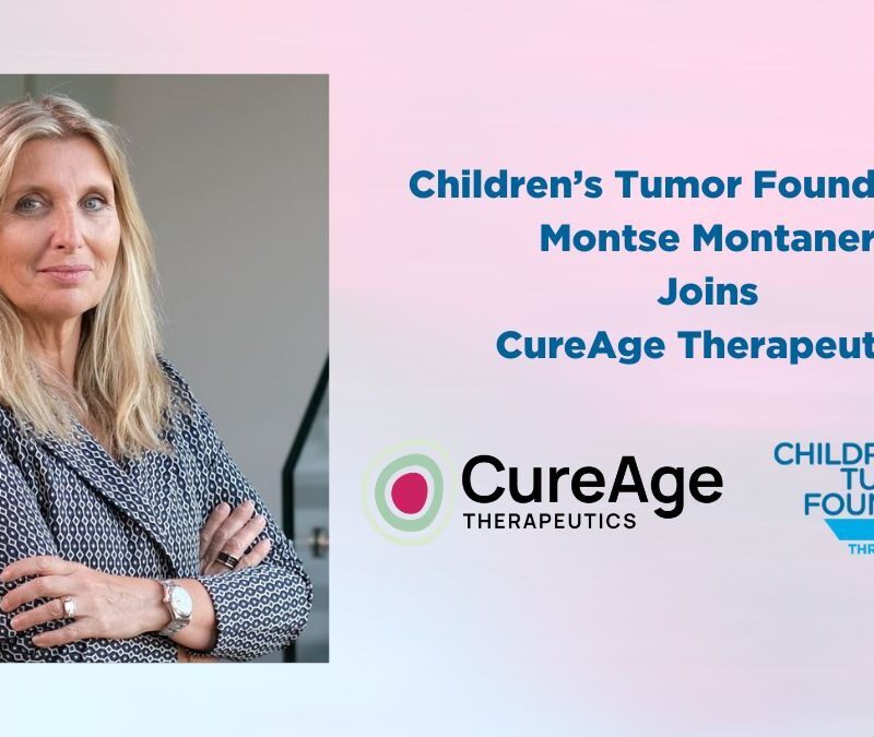 A person stands with arms crossed next to text announcing their joining CureAge Therapeutics from the Children's Tumor Foundation. Logos of both organizations are displayed.