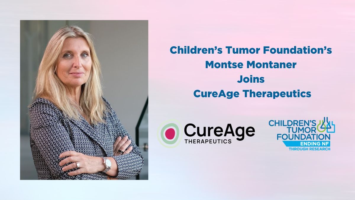 A person stands with arms crossed next to text announcing their joining CureAge Therapeutics from the Children's Tumor Foundation. Logos of both organizations are displayed.